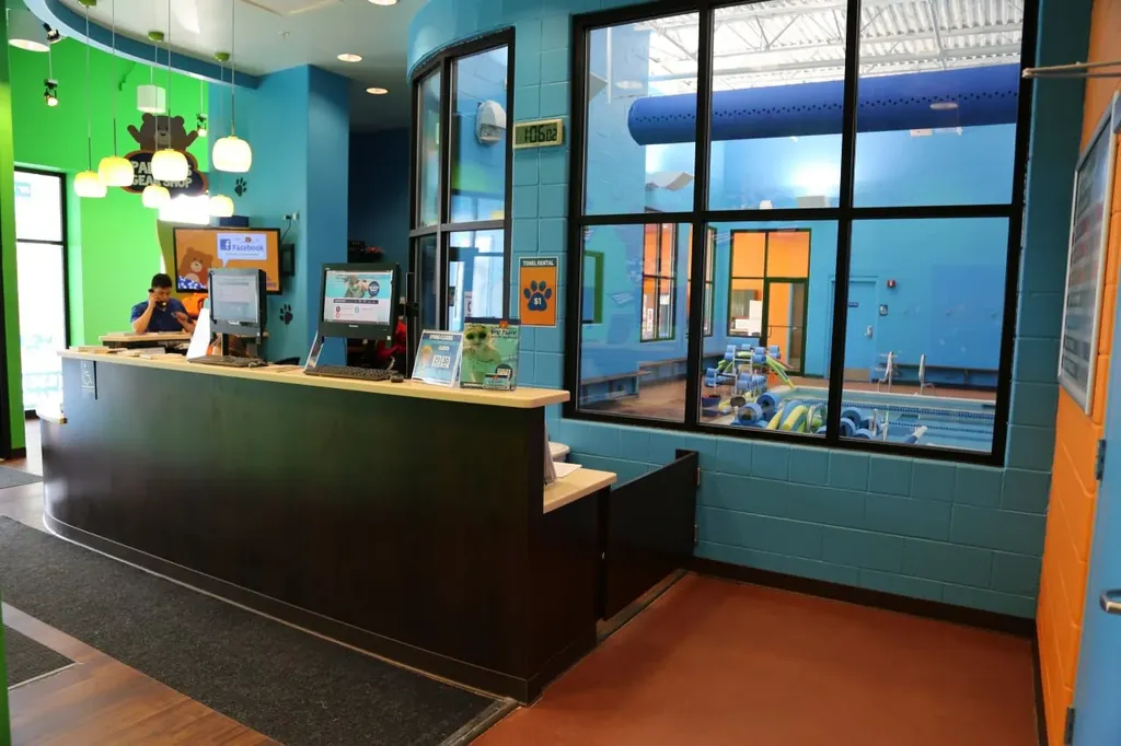Dog daycare reception with indoor pool area