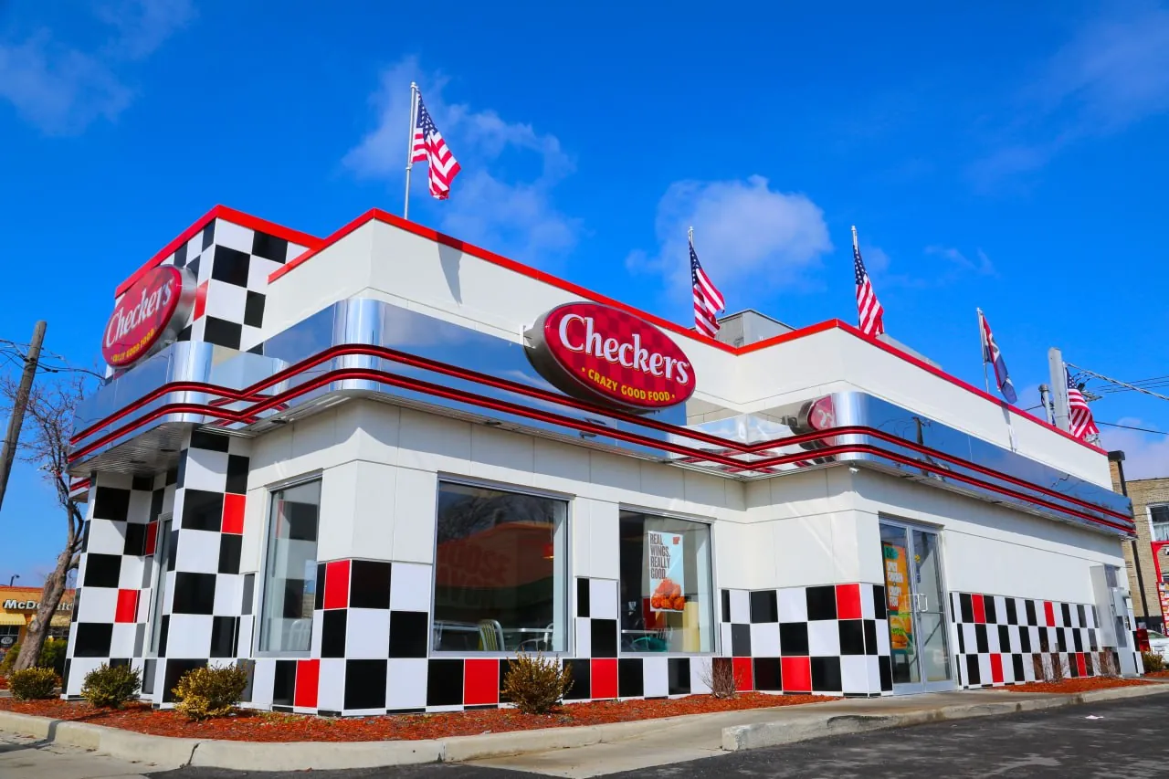 Checkers restaurant exterior with checkerboard facade